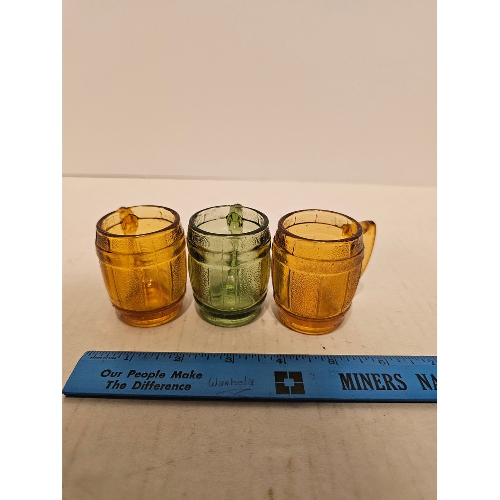 Vintage Miniature Glass Barrel Mug Shot Glasses Set of 3 Amber Green Barware